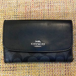 COACH Black Calfskin & Black Grey Signature Logo Trifold Wallet